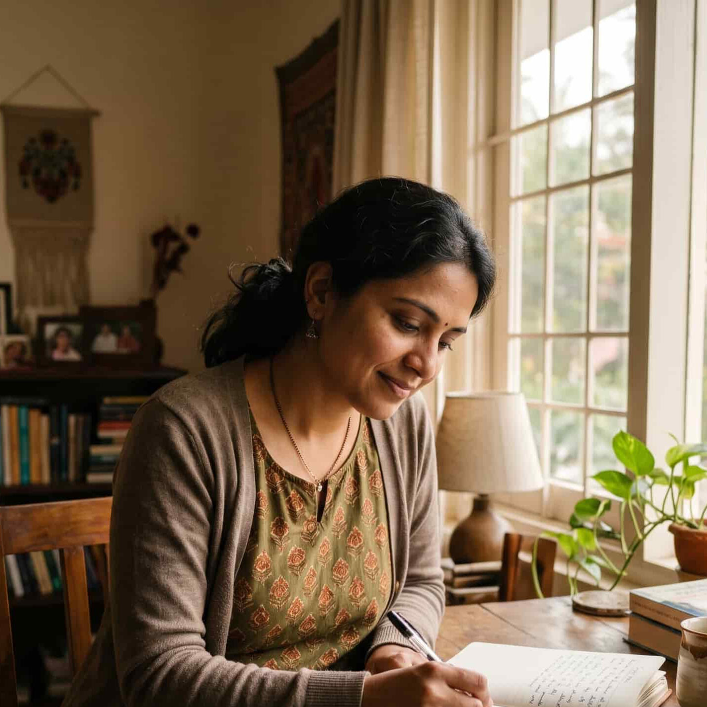 Smiling Indian woman journaling near a window next to books. A smiling Indian woman thoughtfully writing in a personal health journal at a wooden desk by a sunny window, showcasing positive lifestyle changes and holistic reproductive wellness by JeevanKey.