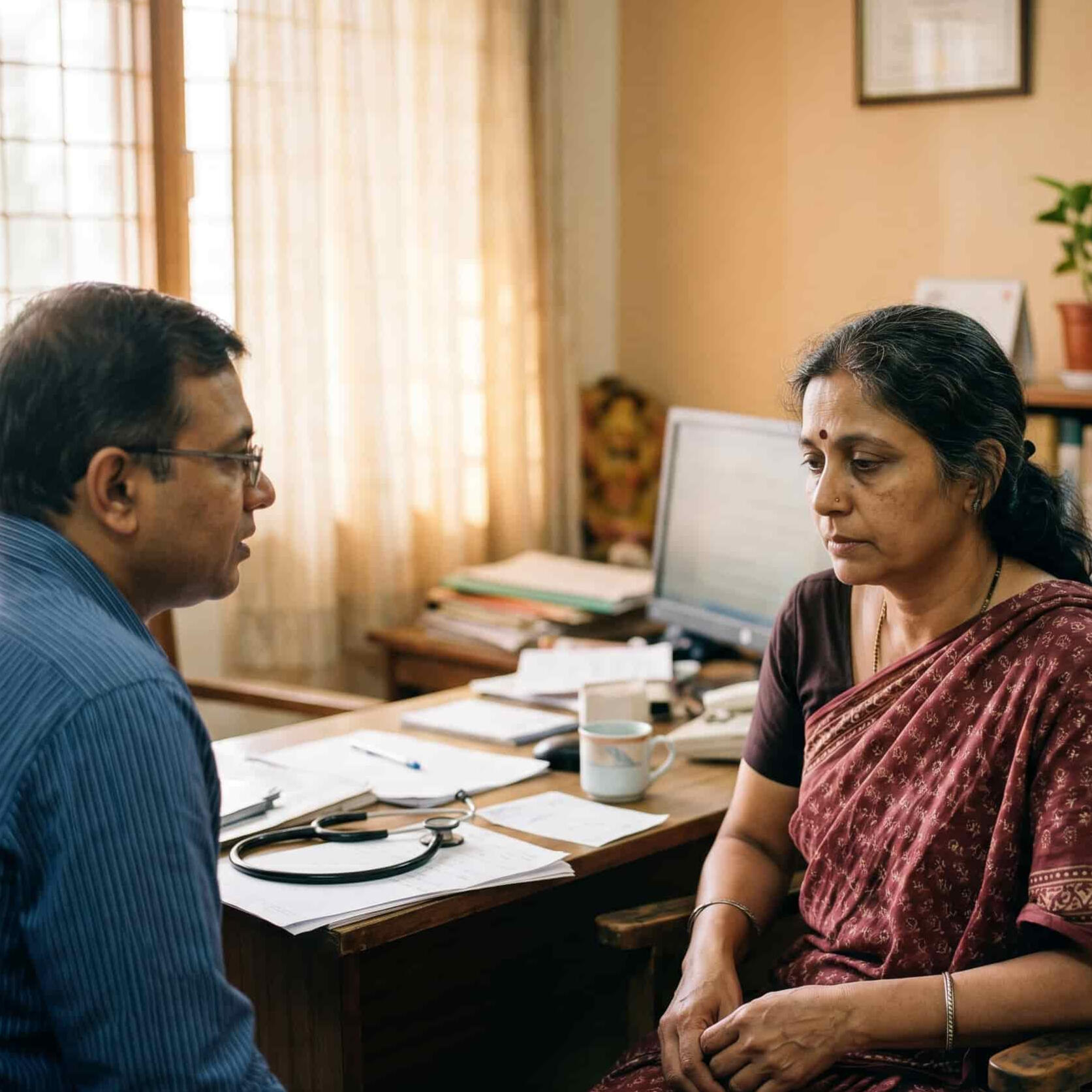 Worried Indian woman consulting a doctor in a medical clinic. A worried Indian woman in a saree sitting in a clinic consulting a doctor, illustrating the patient journey of reconciling conflicting medical advice from independent specialists.