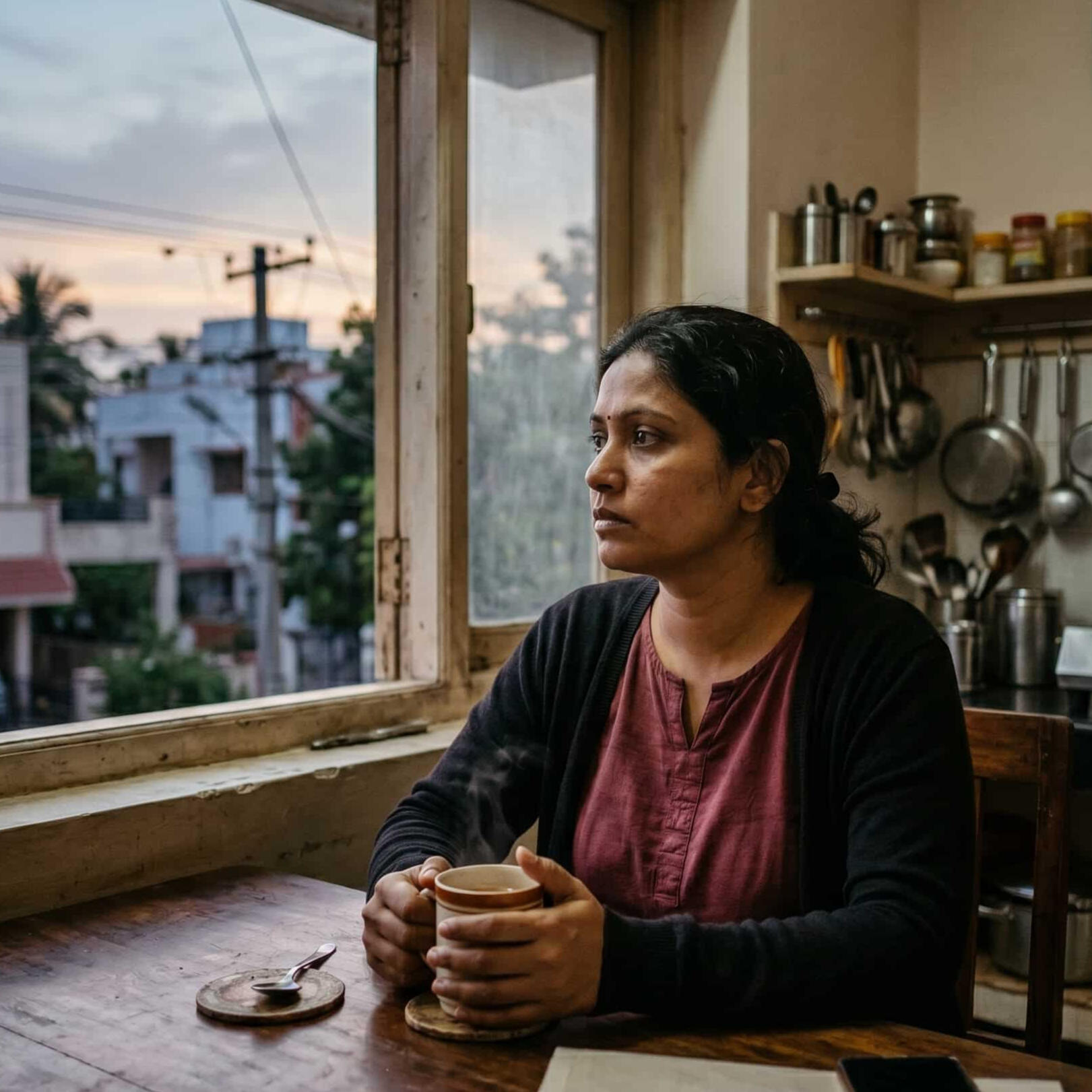 Pensive Indian woman looking out a kitchen window holding tea, illustrating fertility stress. A pensive Indian woman sits at a kitchen table holding a hot cup of tea and looking out the window, capturing the emotional weight and mental health toll of fertility challenges in India for JeevanKey.