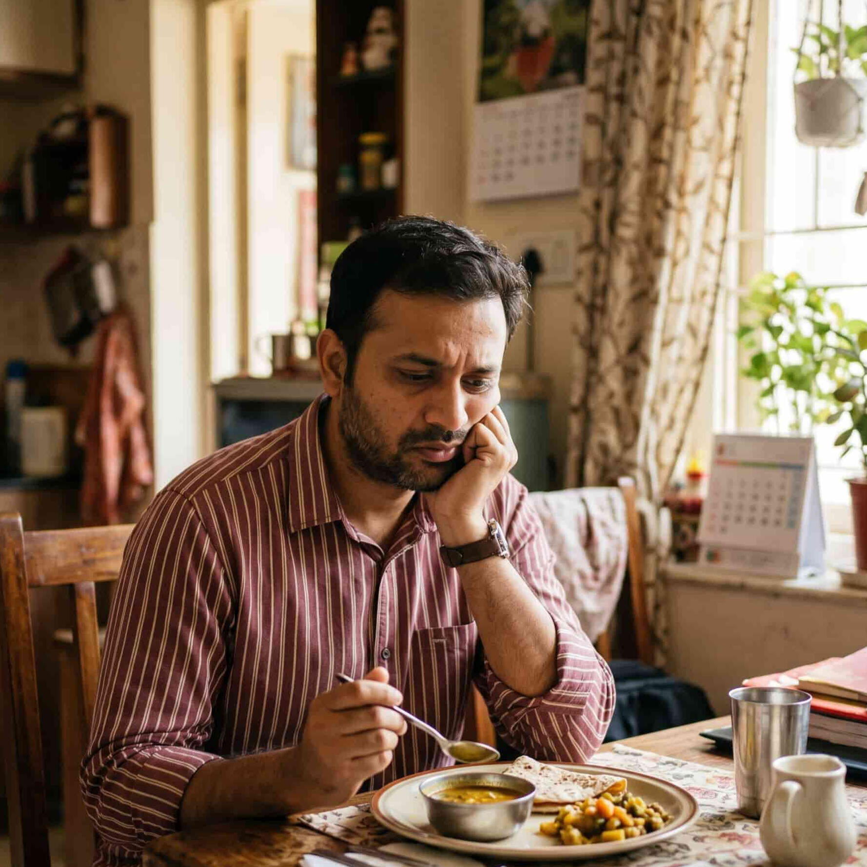 Worried Indian man eating a meal alone at a dining table. A stressed and worried Indian man sitting alone at a dining table looking at his food, highlighting the bloating pressure experienced by desk job professionals.