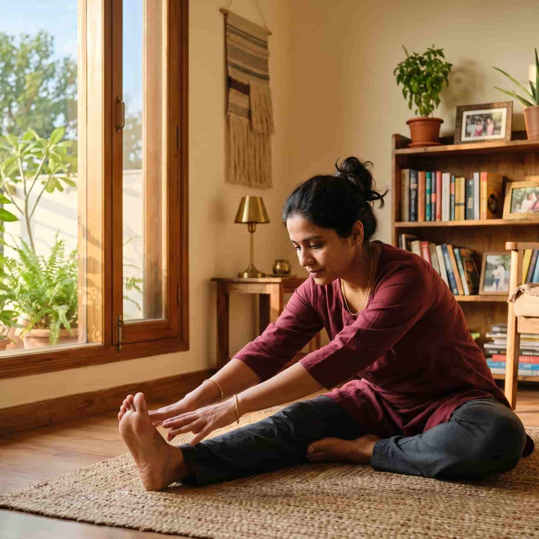 Indian woman doing seated forward bend stretch on a yoga mat. An Indian woman practicing a seated forward fold yoga stretch on a mat in a bright living room, emphasizing holistic stress relief and physiotherapy exercises.