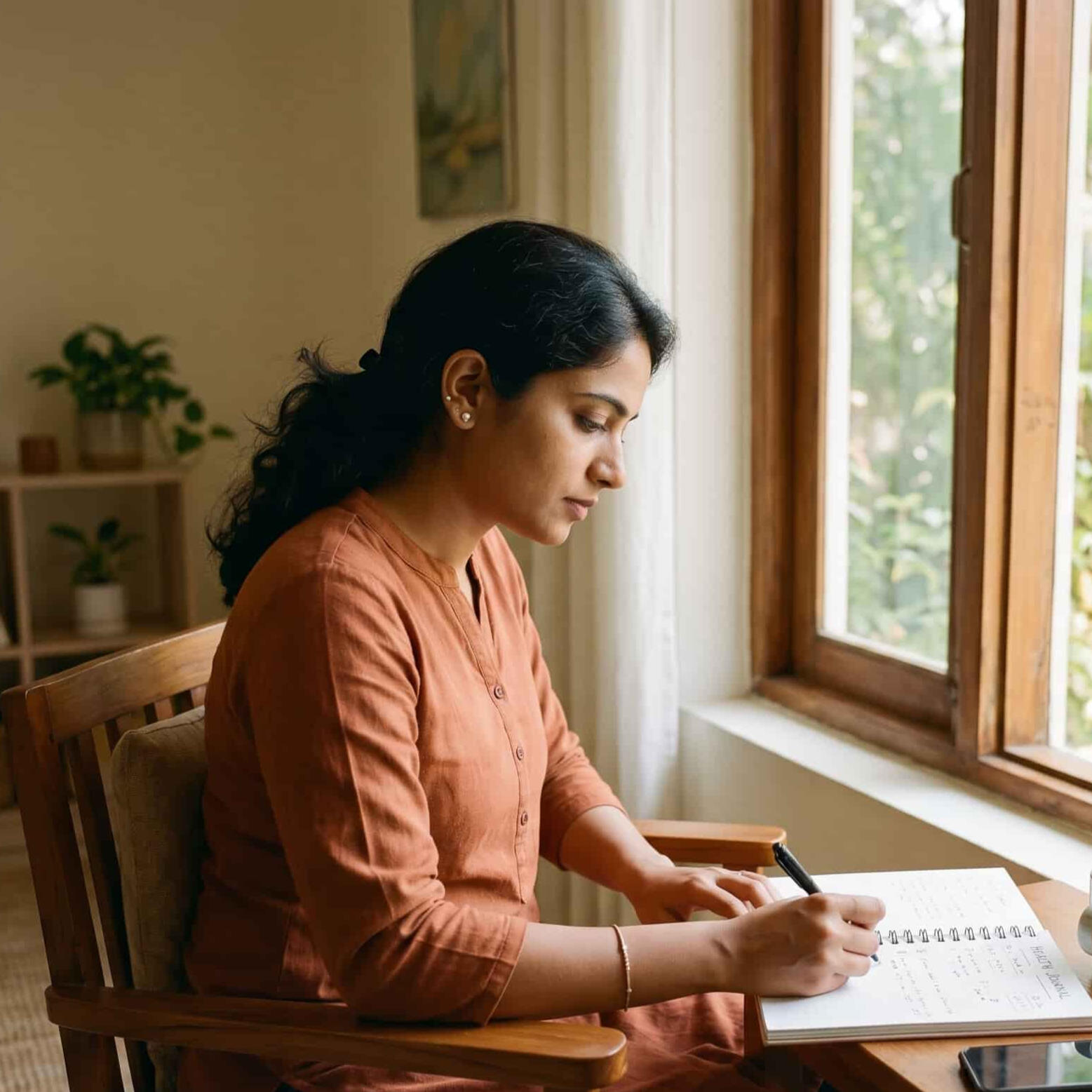 Focused Indian woman tracking her health in a notebook by a window. A focused South Asian woman with PCOD, sitting in an armchair by a window writing in her health journal, tracking medical symptoms and managing independent specialist protocols with JeevanKey.