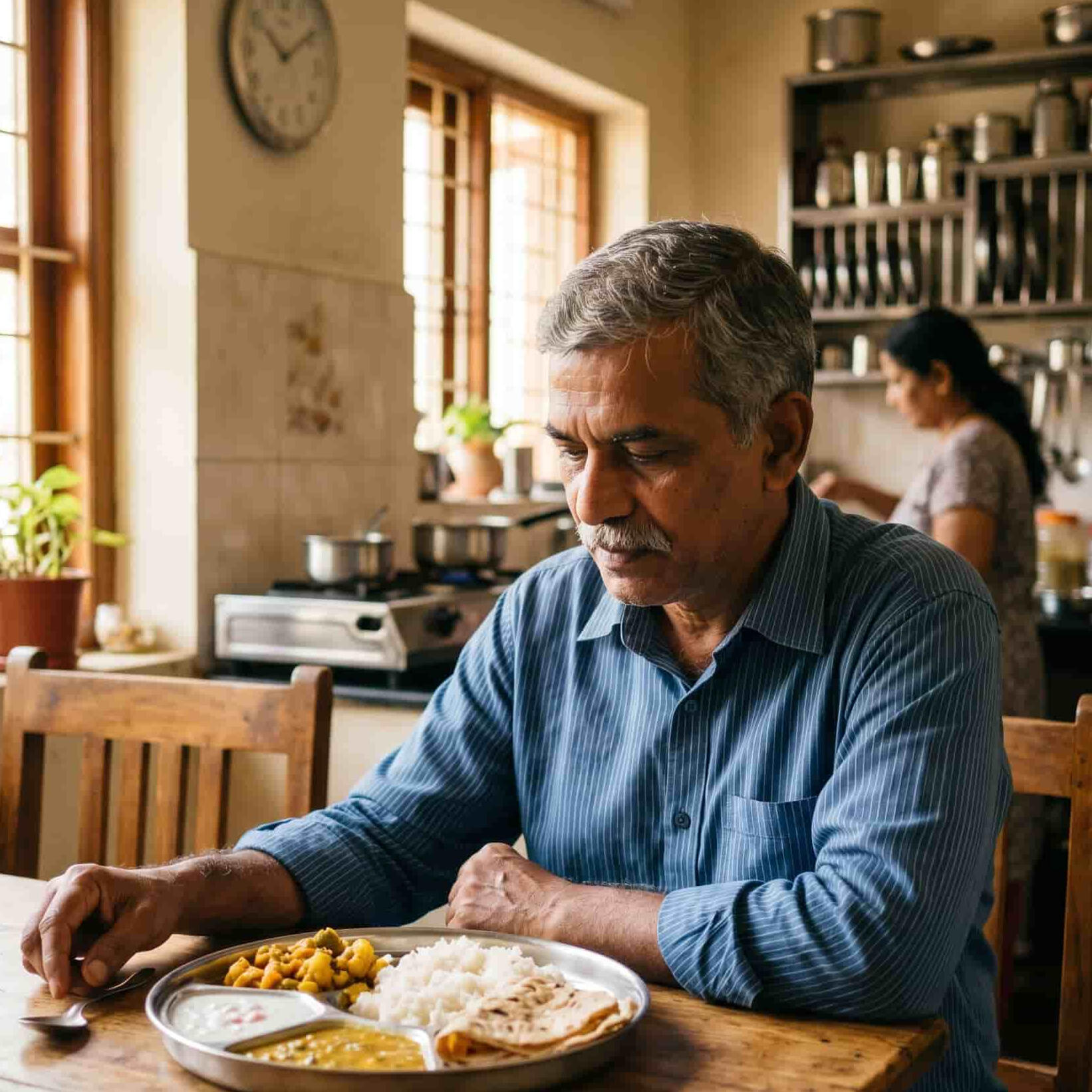 Middle-aged Indian man eating a traditional meal at a table. A middle-aged Indian man eating a traditional thali meal at a wooden table while a woman cooks in the background, representing family dynamics and the silent domestic environment surrounding diabetes (chronic) treatments.