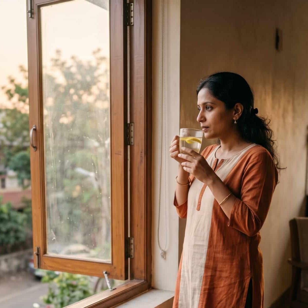 Indian woman standing by a large balcony window drinking lemon water. A woman in a traditional Kurti standing by a large open window drinking warm lemon water, focusing on daily self-care and morning routines during a stressful medical journey.